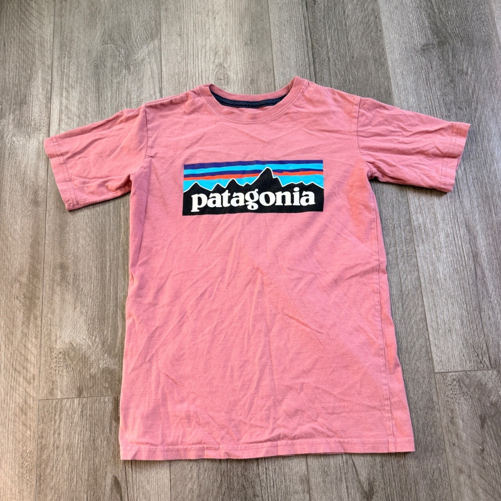 Patagonia Kids T Shirt M 10 Pink P-6 Logo Graphic Tee Boys Youth Cotton